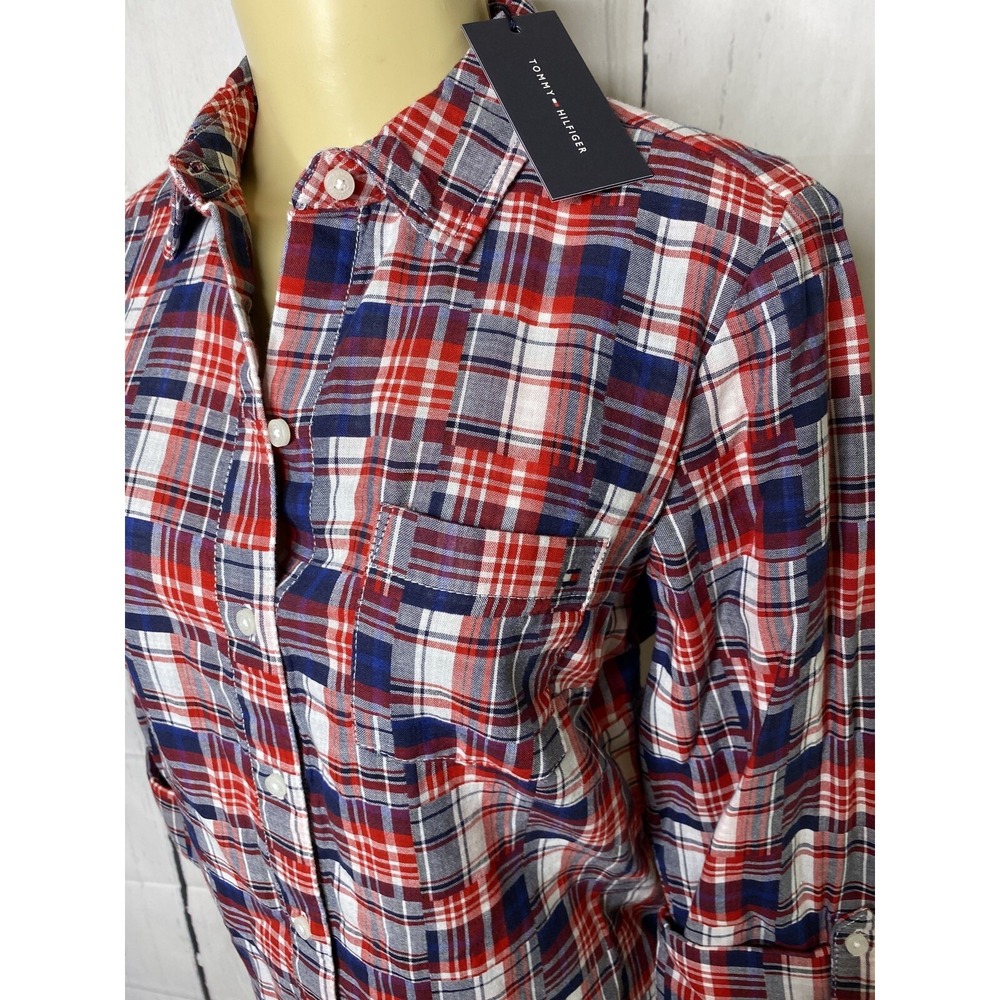 Tommy Hilfiger Shirt Women XS Heritage Top Patchwork L/S Button Front Flag NWT - Picture 2 of 9